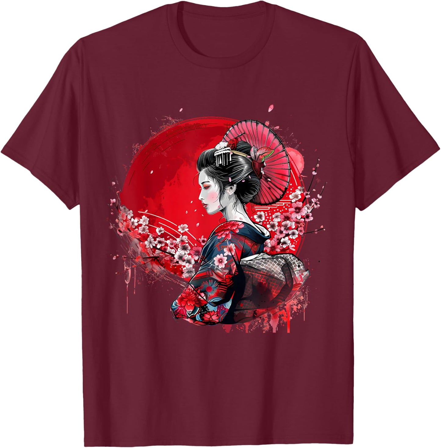 Japanese Kimono Geisha Sakura Cherry Blossom Japanese Art , Black, S T-Shirt - T-Shirt | Maroon