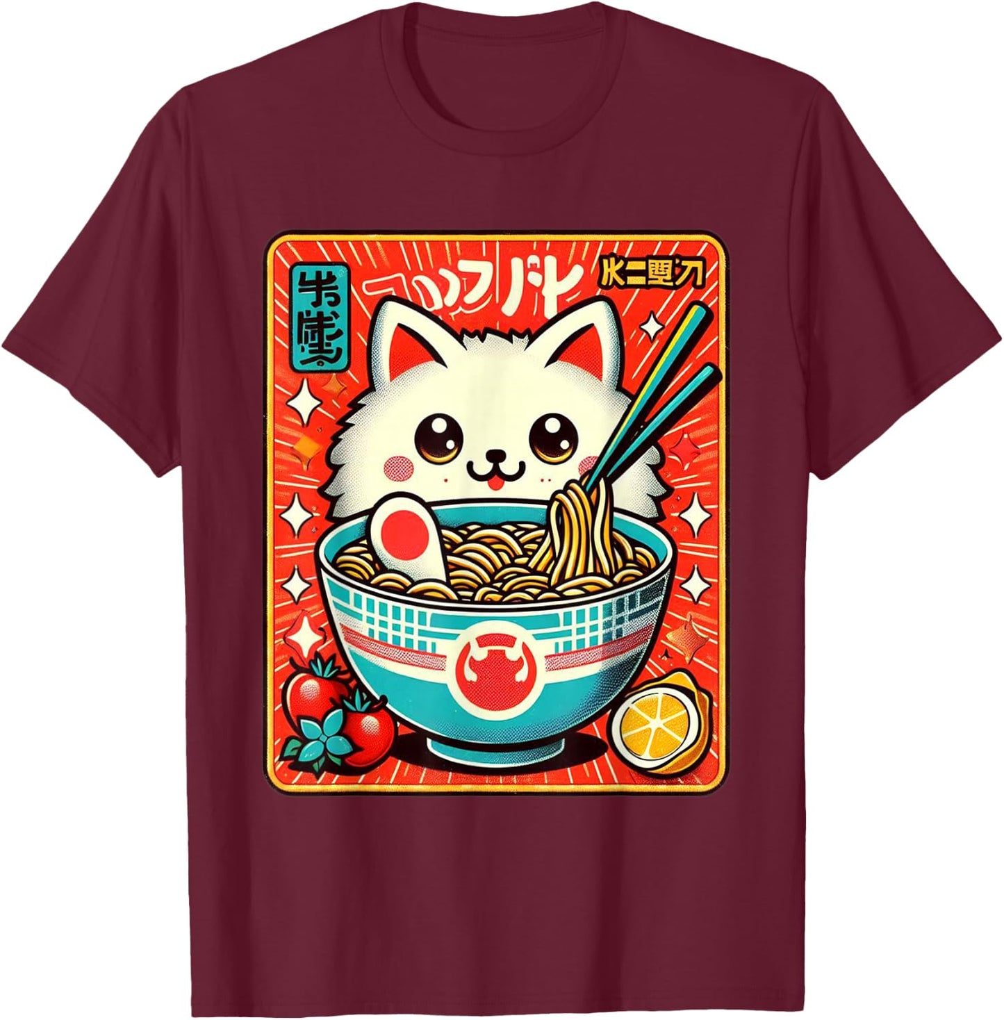 Japanese Ramen Noodles Manga Ramen Kawaii Cat T-Shirt - T-Shirt | Maroon