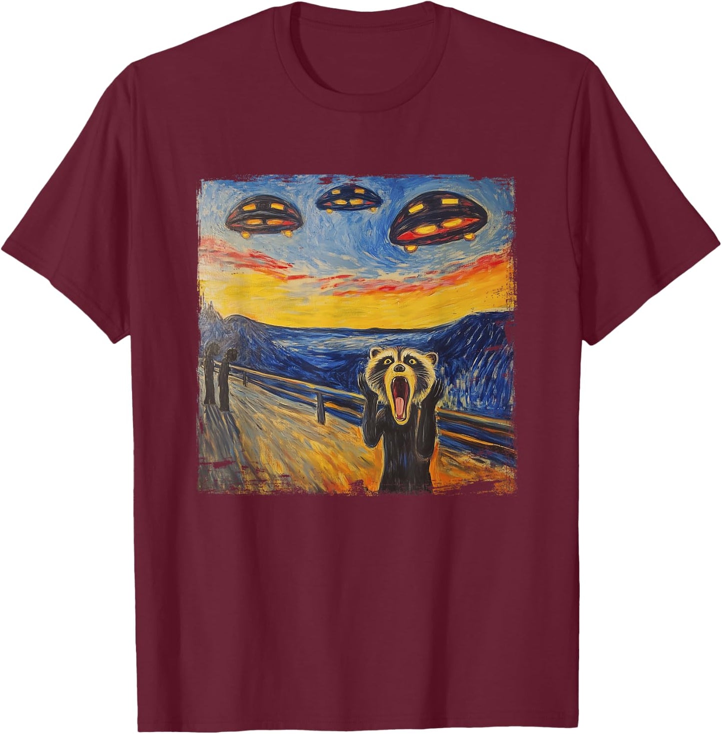 Raccoon Scream UFO Alien Munch Parody Expressionism , black T-Shirt - T-Shirt | Maroon