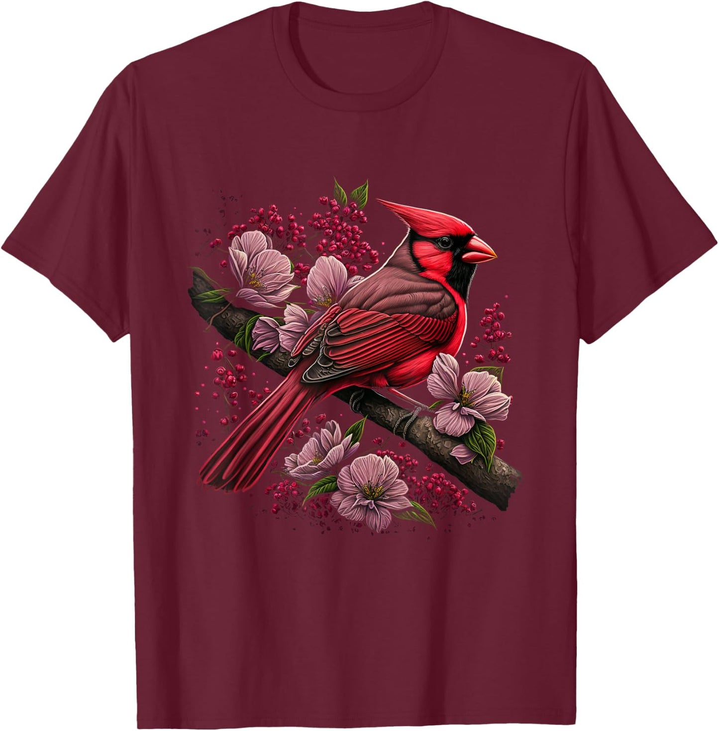 Red Cardinal Bird And Pink Flowering Dogwood Blossoms T-Shirt - T-Shirt | Maroon