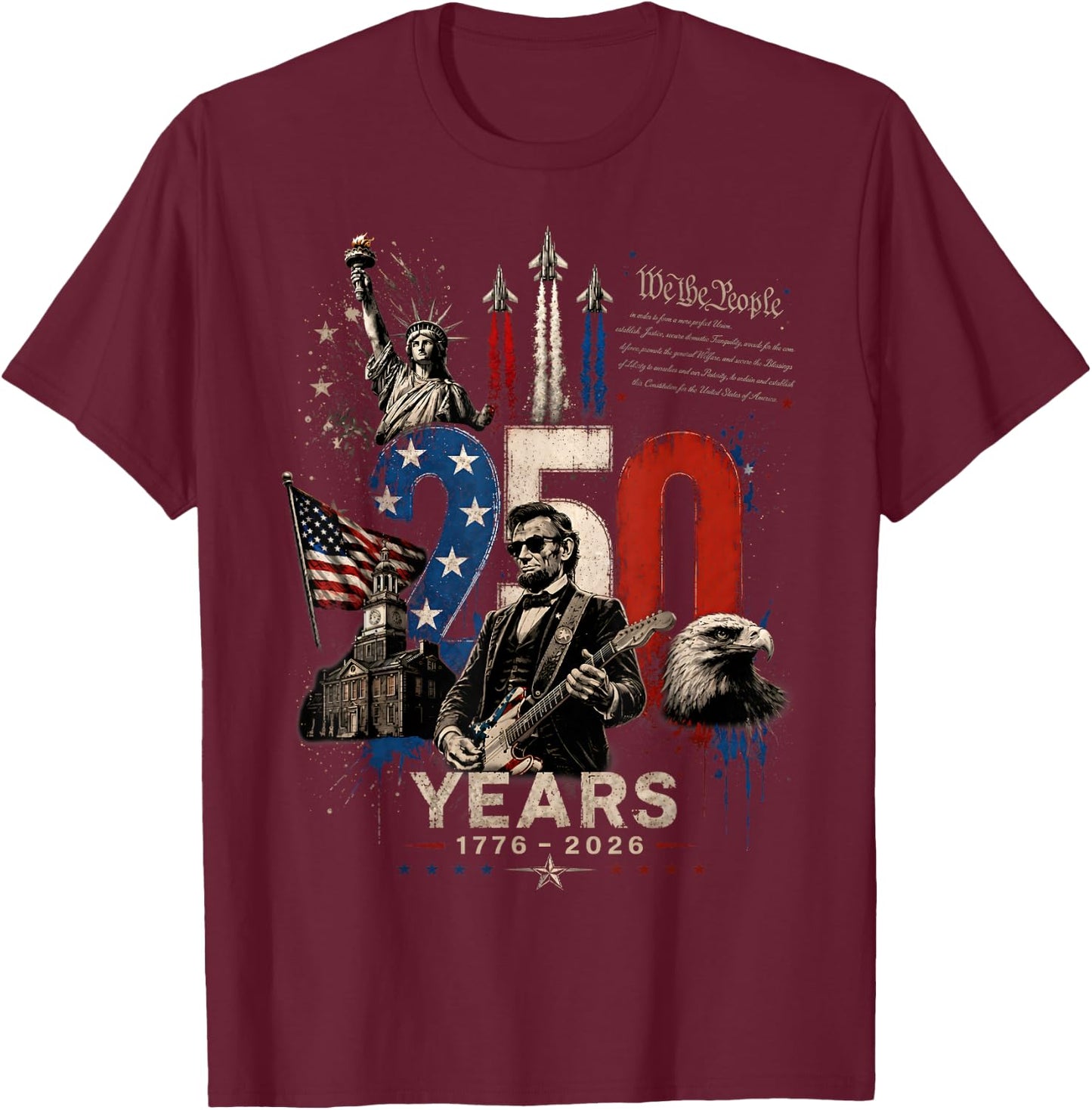 Vintage Abraham Lincoln Abe Lincoln Playing Guitar 250 Years T-Shirt - T-Shirt | Maroon