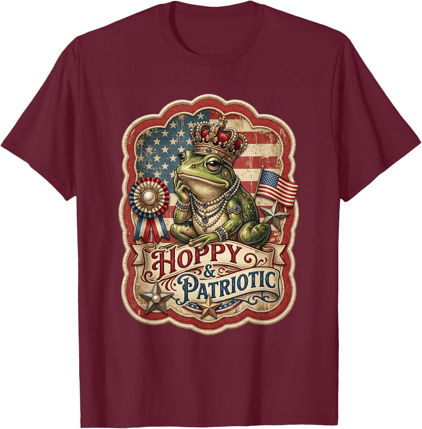 Vintage 4th of July Hoppy and Patriotic Frog Graphic Women T-Shirt - T-Shirt | Maroon