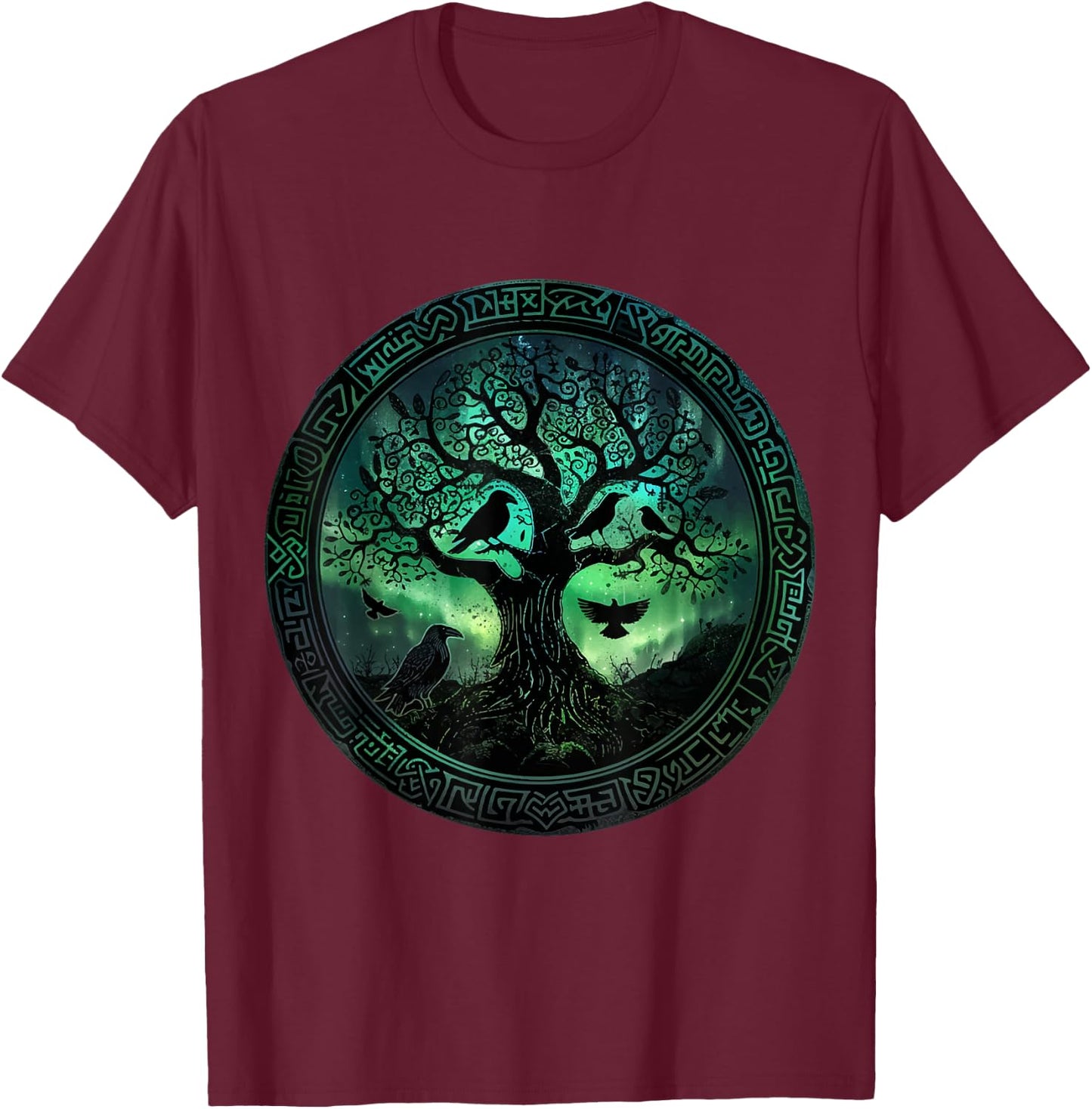 Hugin & Munin Odin Raven Viking Tree of Life , Black, S T-Shirt - T-Shirt | Maroon