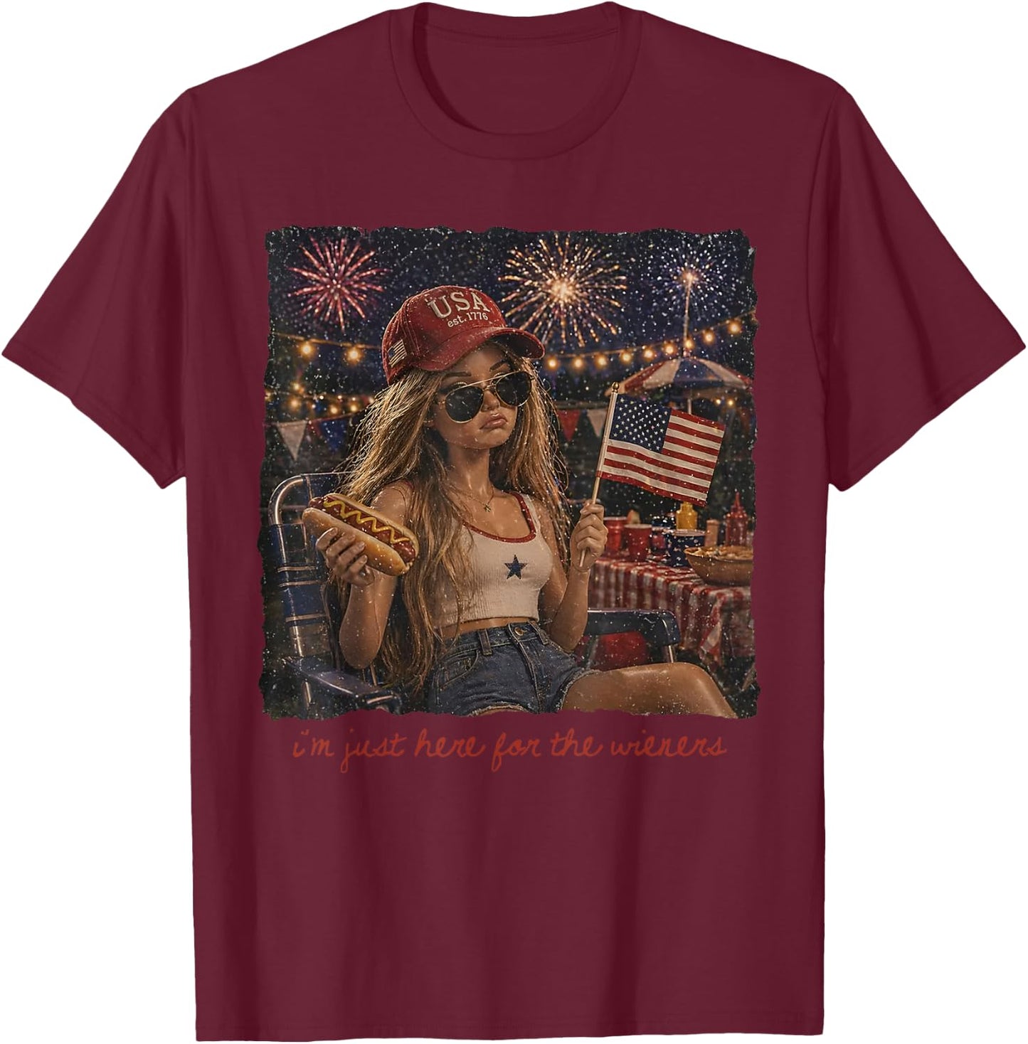 Just Here for the Wieners 4Th of July 250 Years Amrican Girl T-Shirt - T-Shirt | Maroon