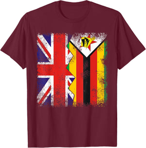 Zimbabwean Roots | Half British Flags | UK Zimbabwe Vintage T-Shirt - T-Shirt | Maroon