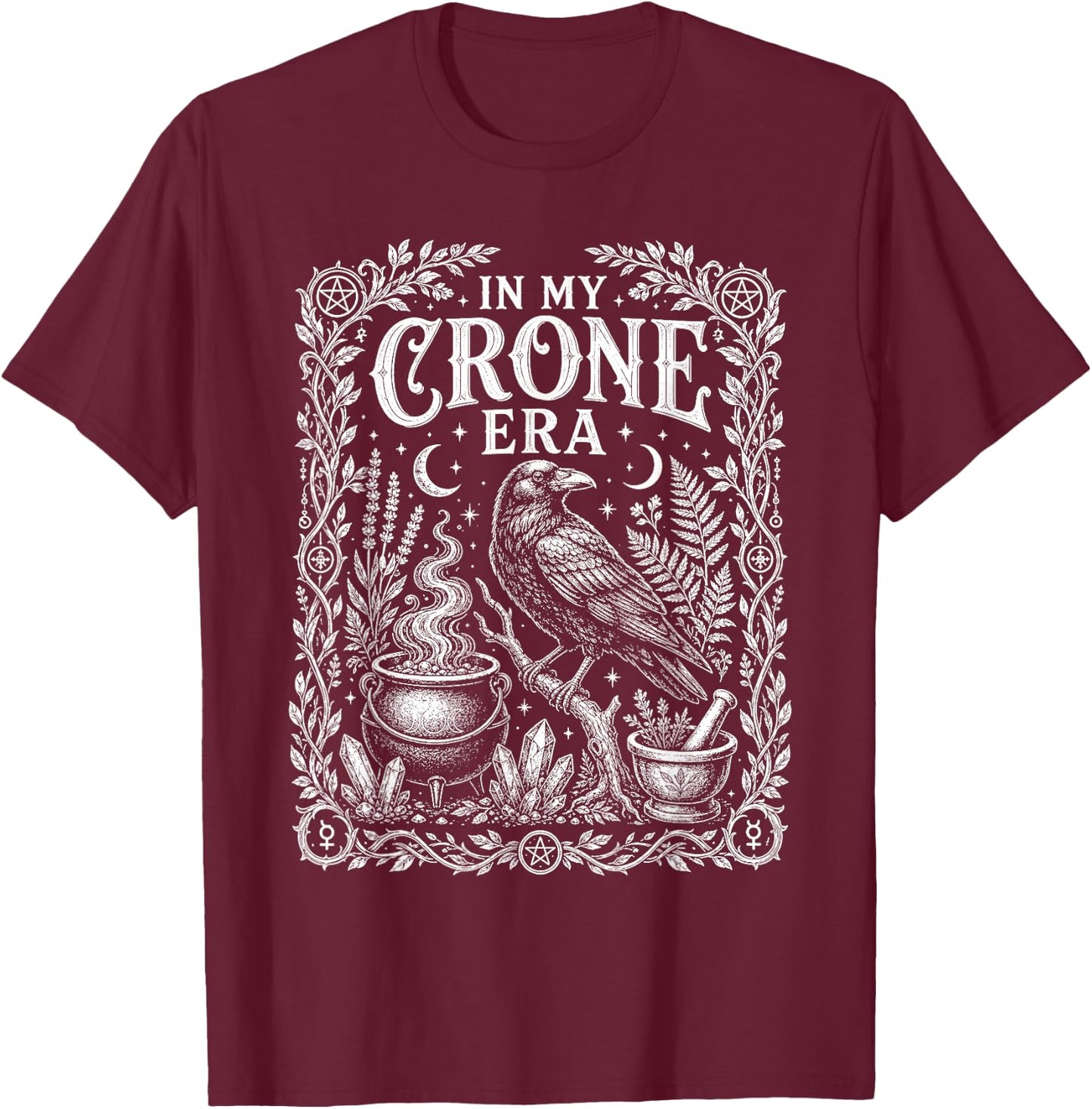 in My Crone Era Witchy Raven Cauldron T-Shirt - T-Shirt | Maroon