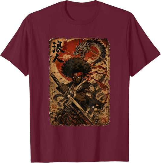 Afro American Samurai Anime Cartoon Japanese Bushido Warrior T-Shirt - T-Shirt | Maroon