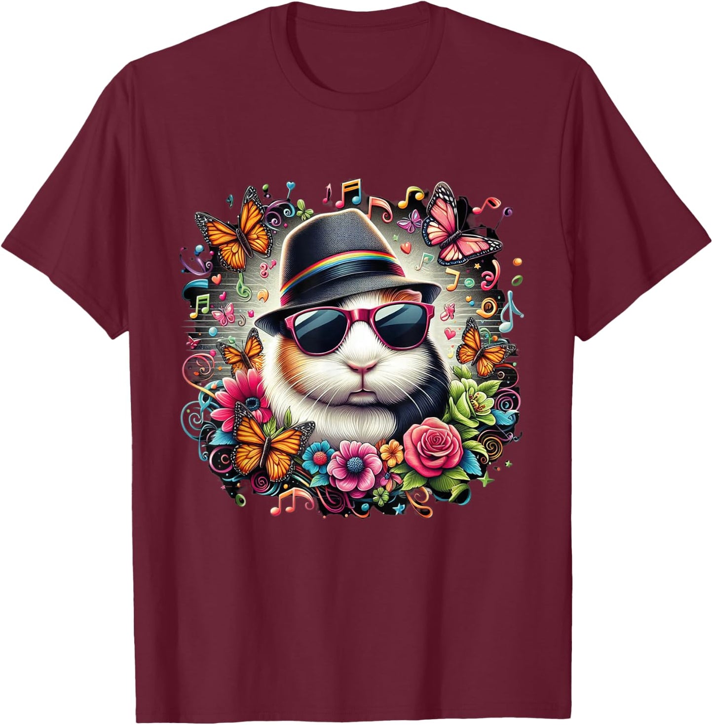 guinea pig wearing sunglasses and a hat colorful Butterflies T-Shirt - T-Shirt | Maroon