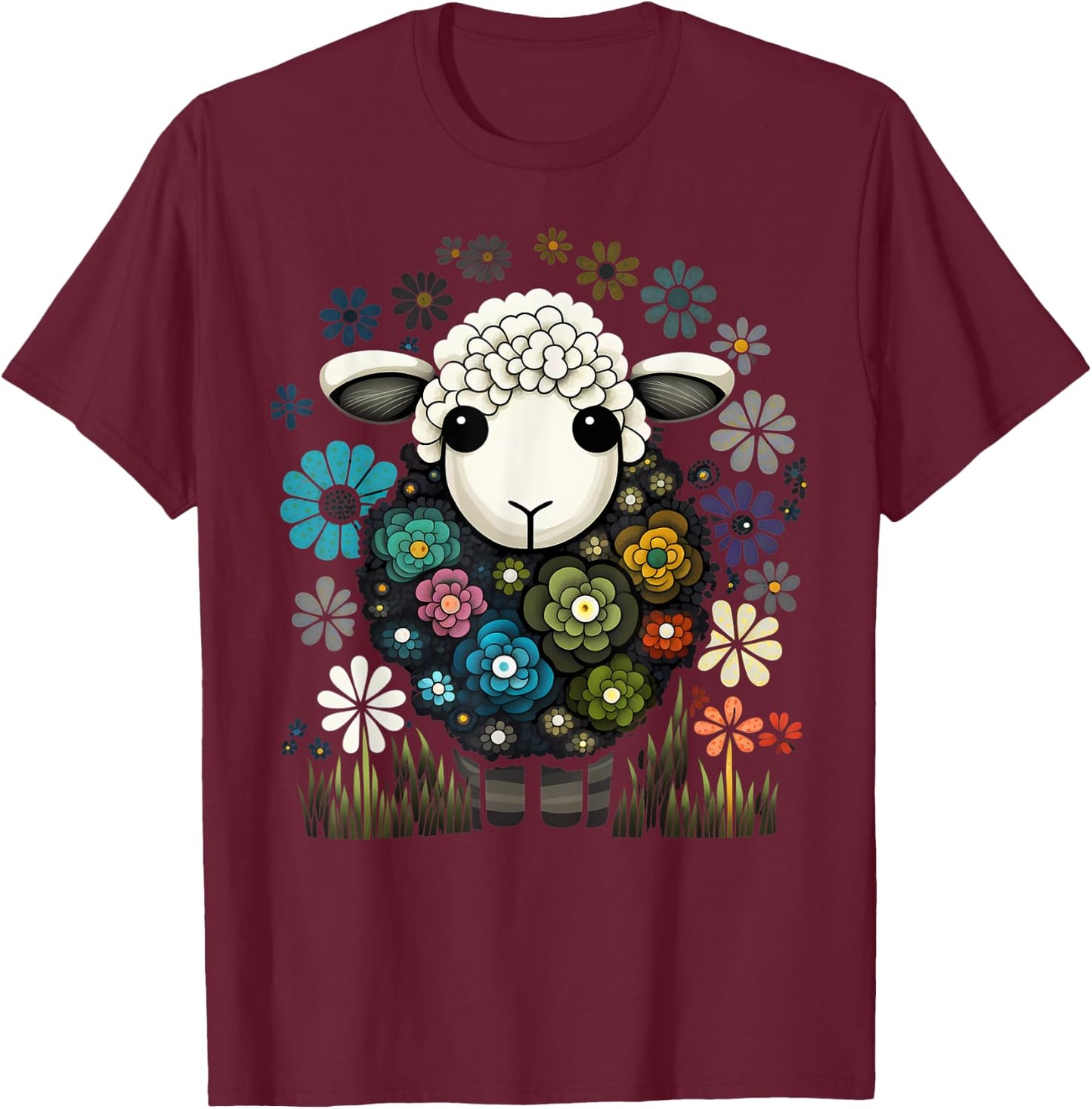 Colorful Sheep Cartoon Flower Garden Cute Farm Animals Black T-Shirt - T-Shirt | Maroon