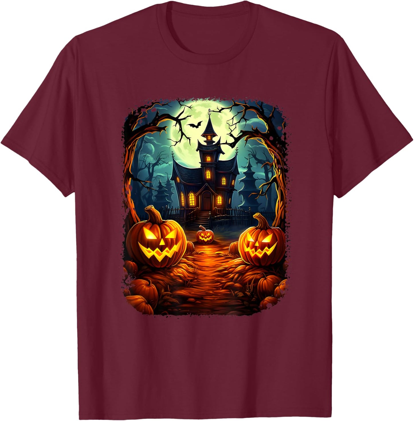 Halloween Haunted House Pumpkin Ghosts Spooky Season T-Shirt - T-Shirt | Maroon