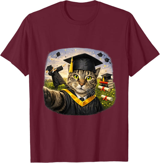Funny Graduation Cat Selfie School Graduation Celebration T-Shirt - T-Shirt | Maroon