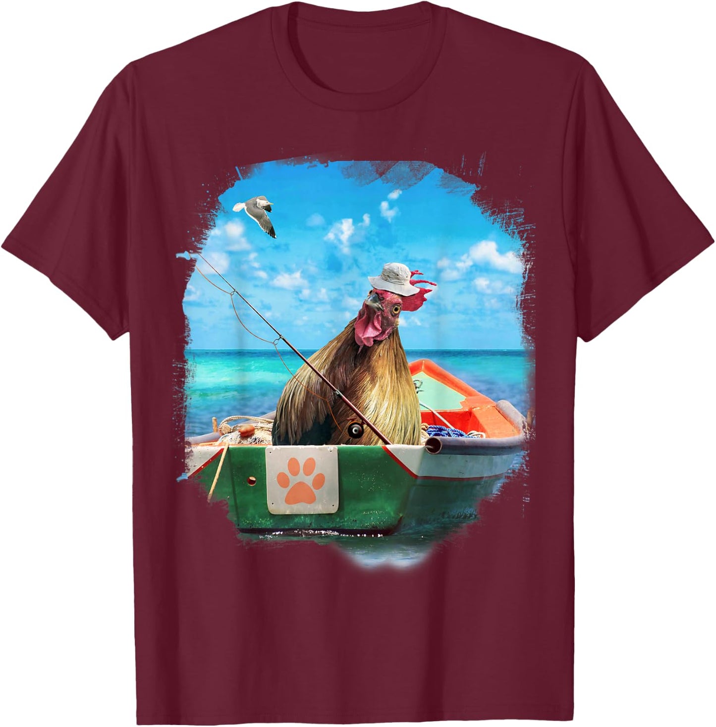 Chicken or Fish, Funny Chickens Fishing Boat T-Shirt - T-Shirt | Maroon