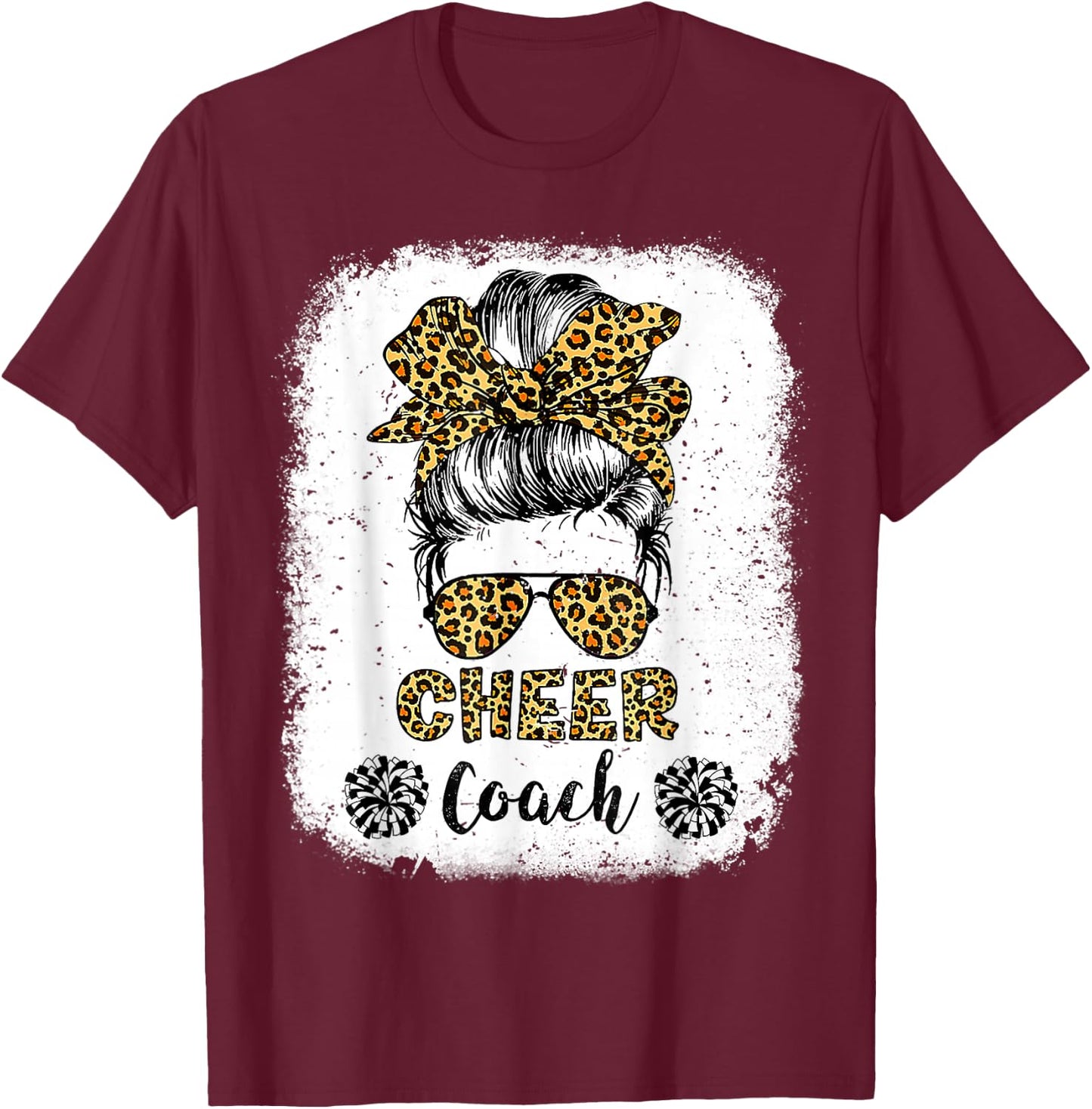 Cheer Coach Leopard Messy Bun Cheerleader Bleached T-Shirt - T-Shirt | Maroon