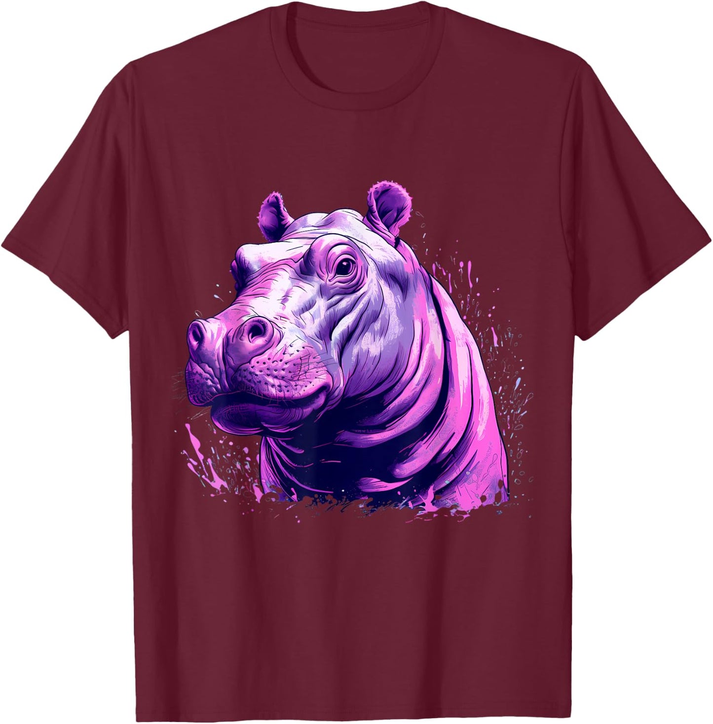 Hippopotamus Portrait Splash Colourful Artwork Savanna Hippo T-Shirt - T-Shirt | Maroon