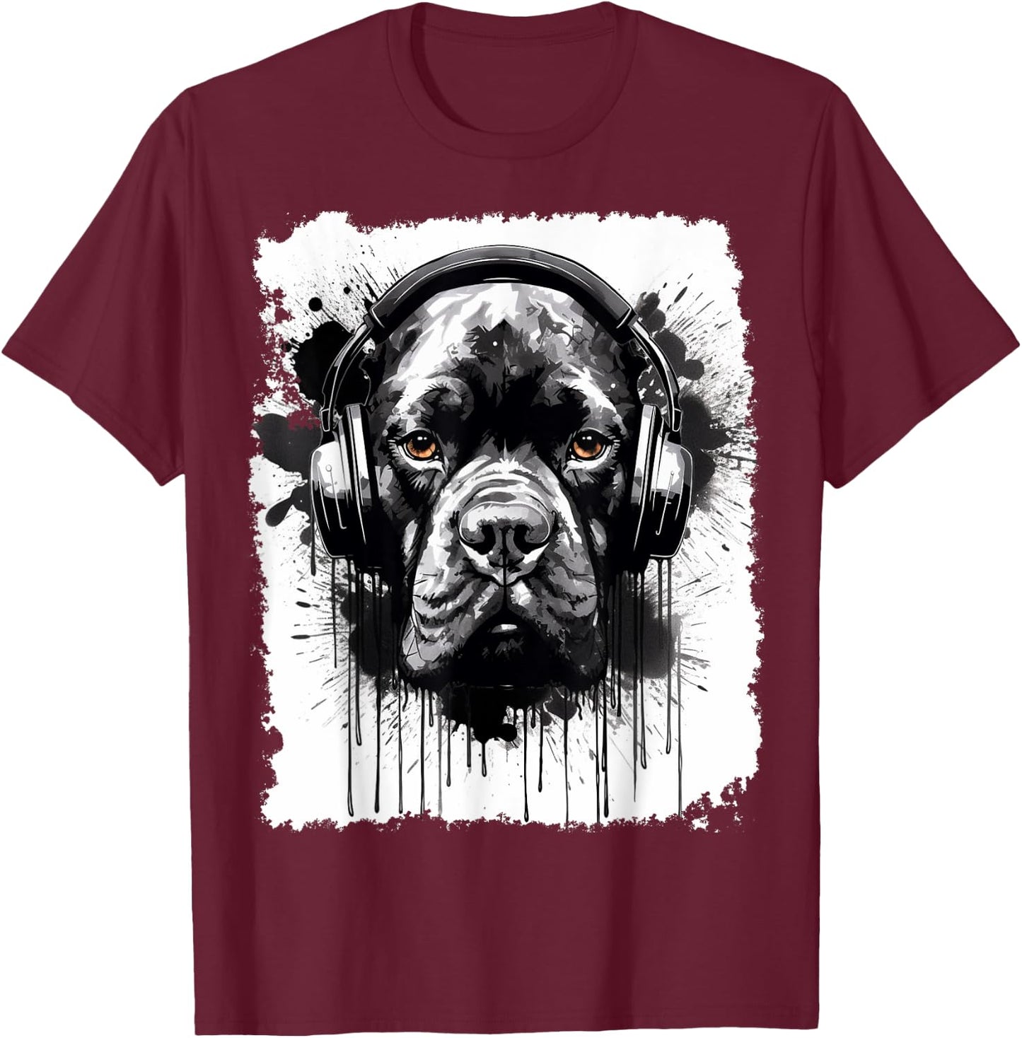 Pop Art Boxer Dog Graffiti Style Headphone Music Women Girls Kids T-Shirt - T-Shirt | Maroon