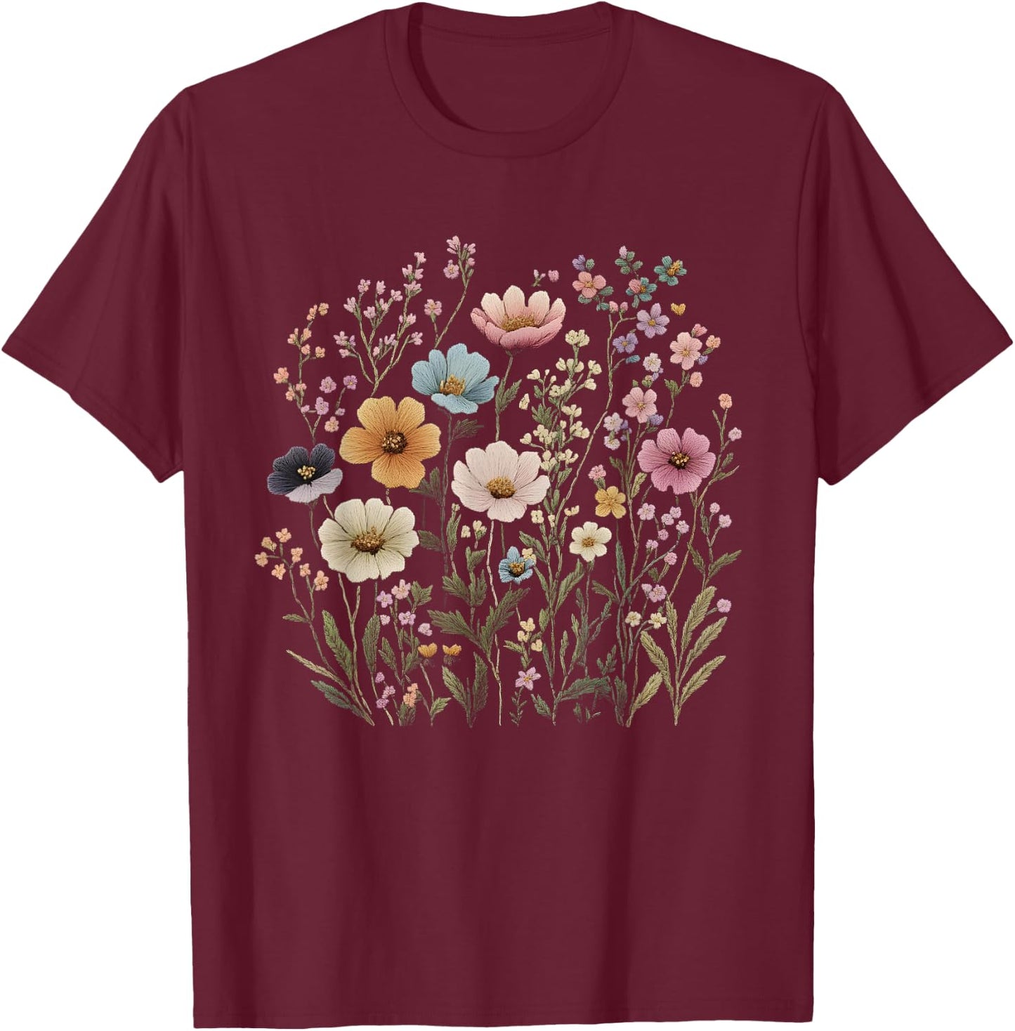 Wild Flowers Graphic Outfit Floral Vintage Design Floral , black, S T-Shirt - T-Shirt | Maroon
