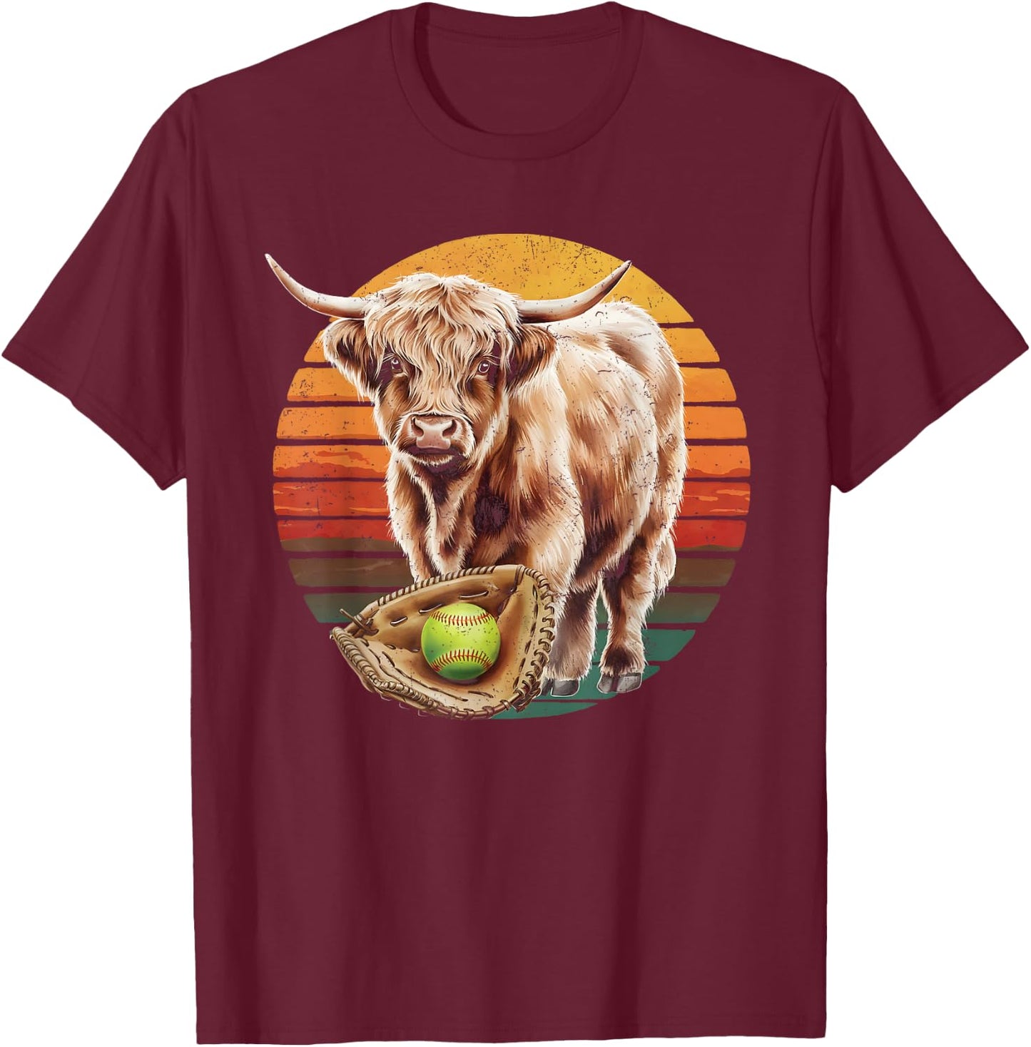 Highland Cow Softball Player Team Vintage T-Shirt - T-Shirt | Maroon