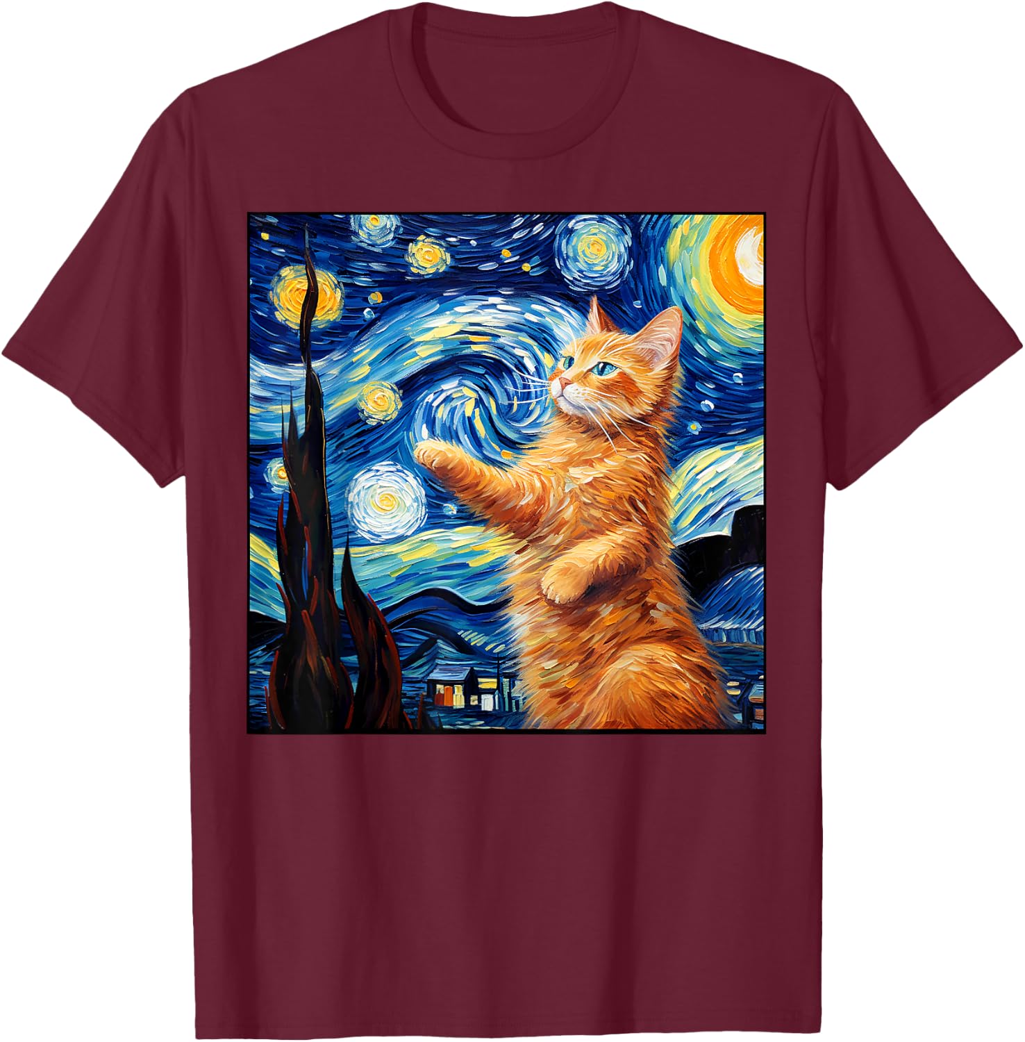 Art Van Gogh Starry Night Cat Painting Cats Lover Mom Dad T-Shirt - T-Shirt | Maroon