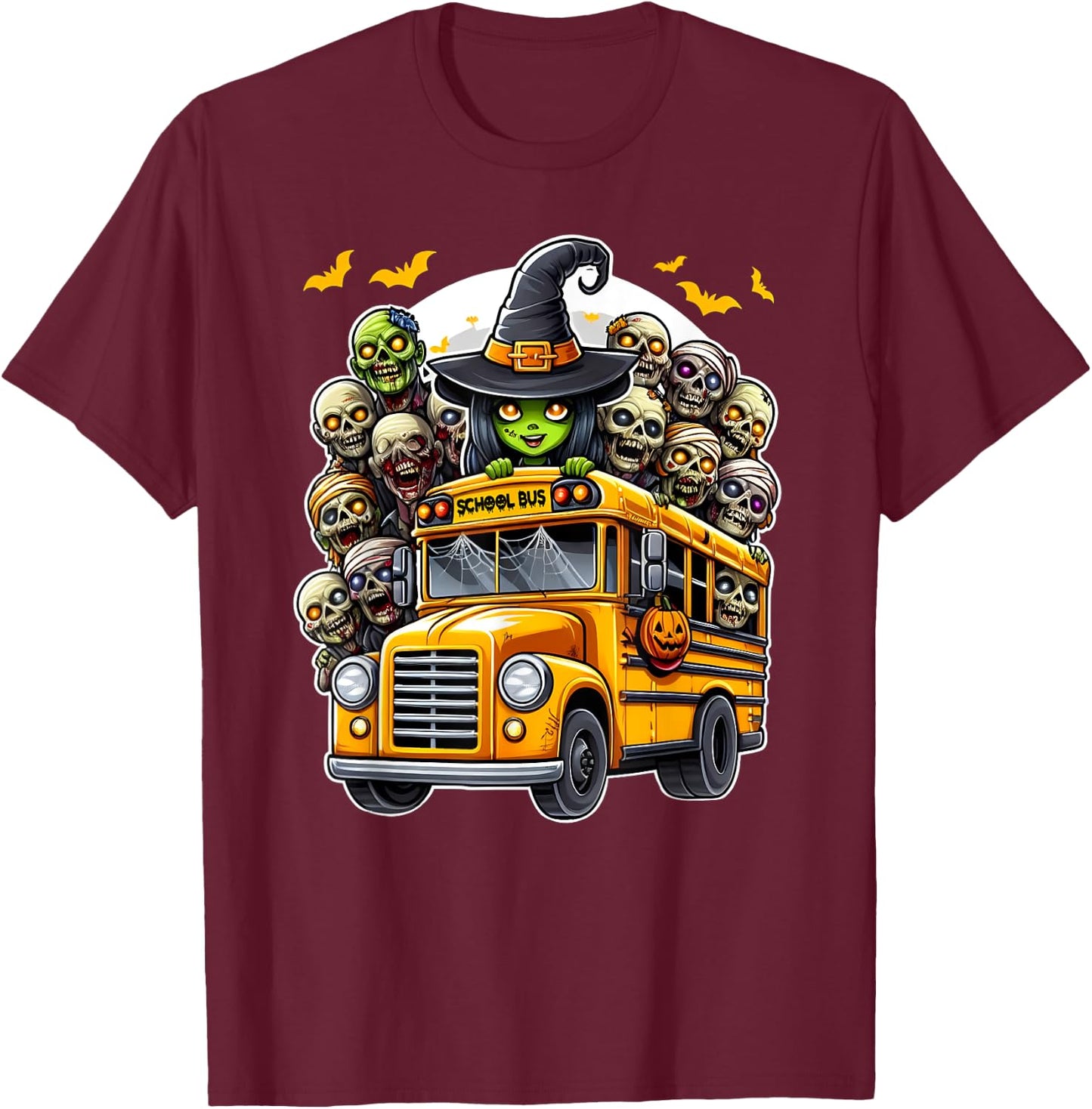 School Bus Creepy Zombie Monster Horror Spooky Halloween Fun T-Shirt - T-Shirt | Maroon