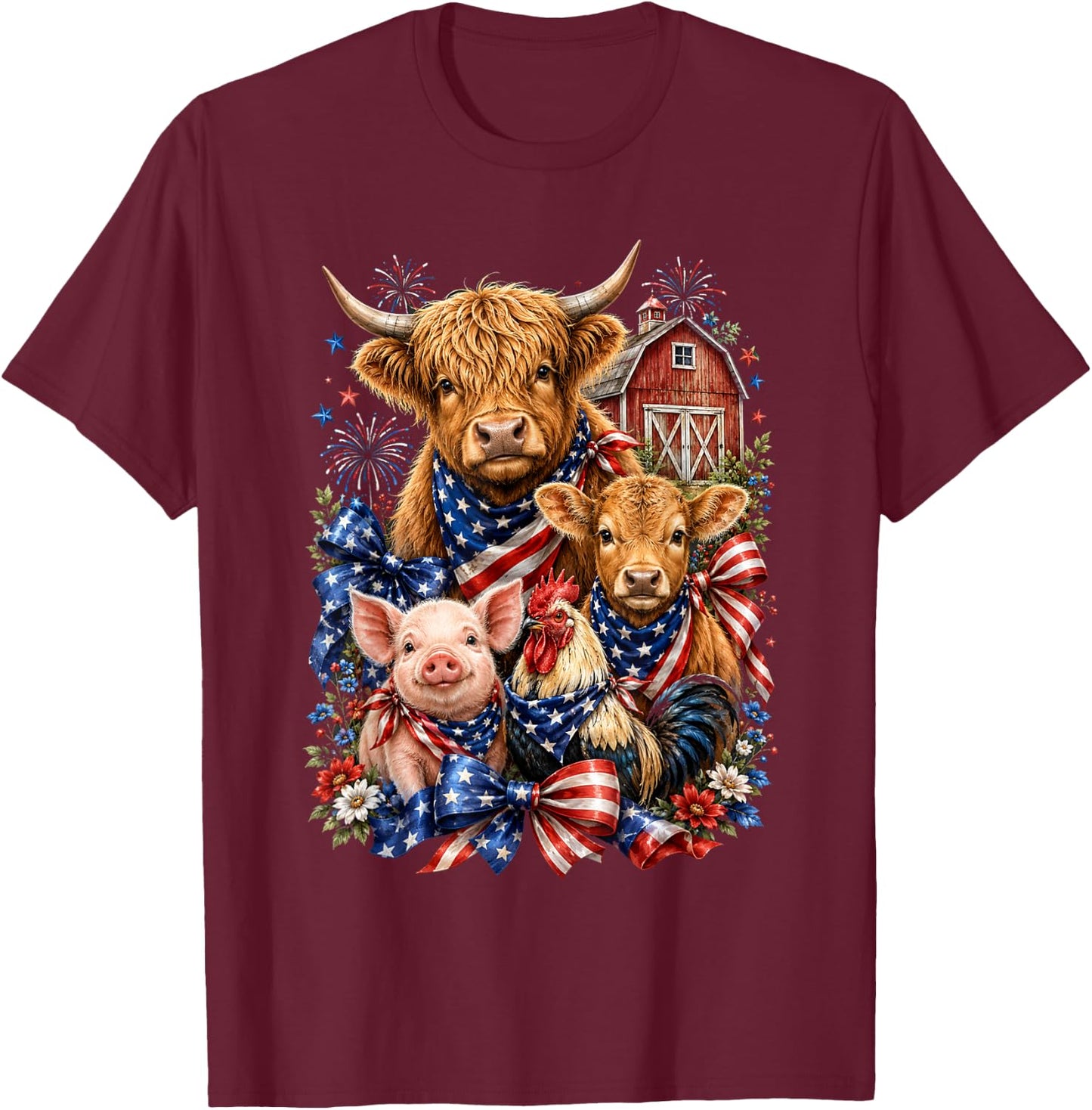 Patriotic Farm Animals 4th of July Barn Cow Pig Chicken Bow T-Shirt - T-Shirt | Maroon