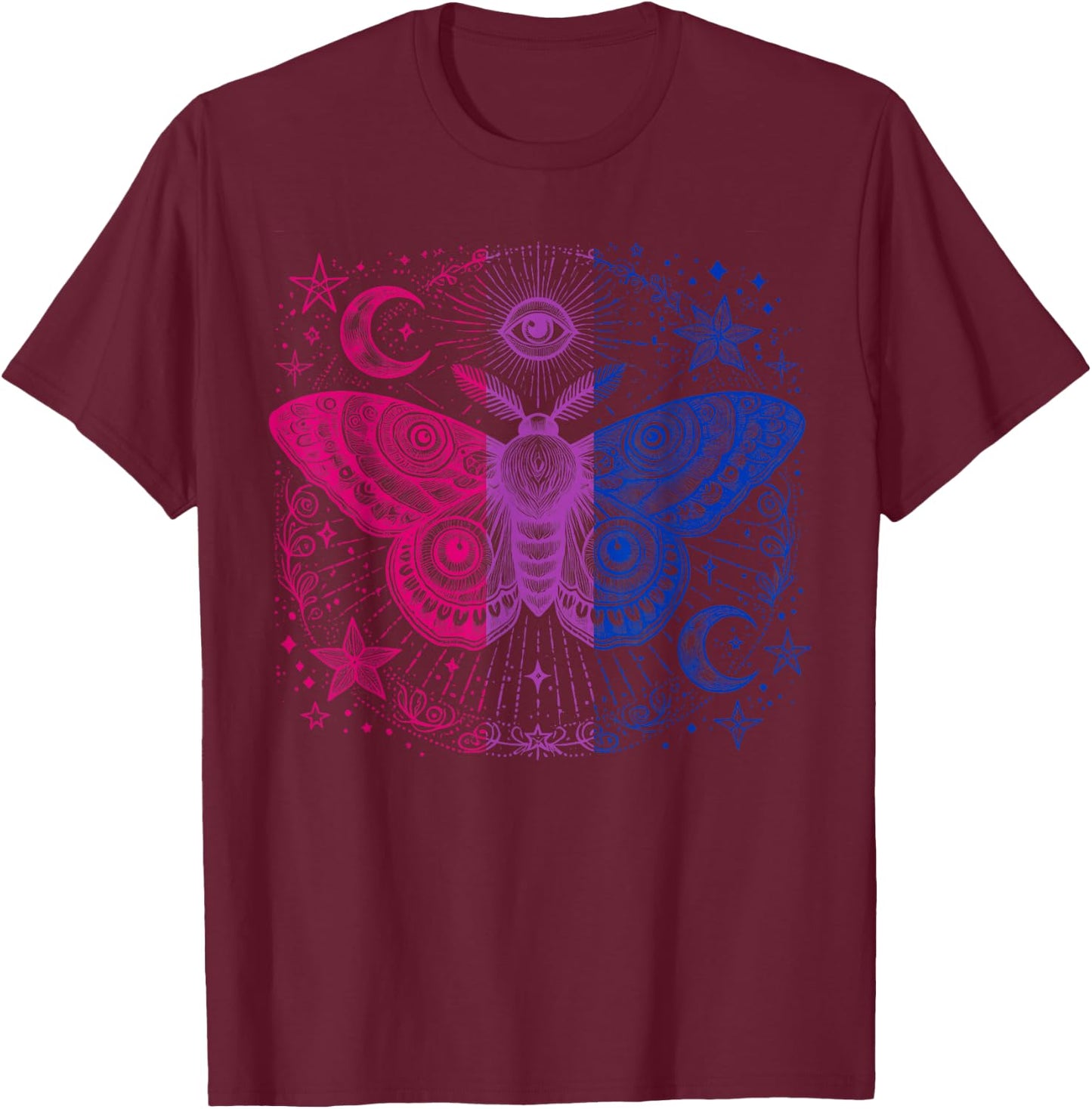 Mystical Bisexual Moth with Cosmic Pride Energy T-Shirt - T-Shirt | Maroon