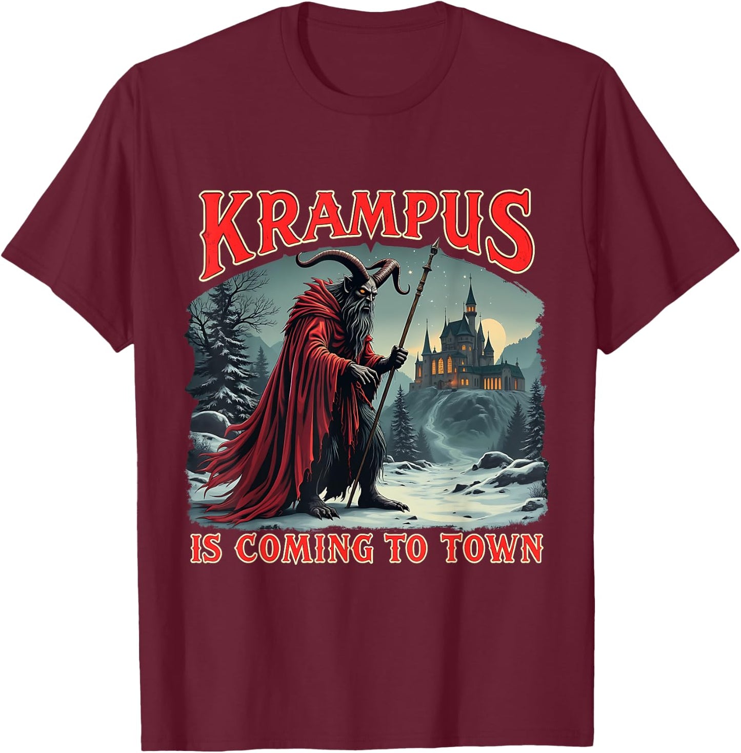 Merry Christmas Krampus Is Coming To Town Xmas Christmas Horror Costume T-Shirt - T-Shirt | Maroon
