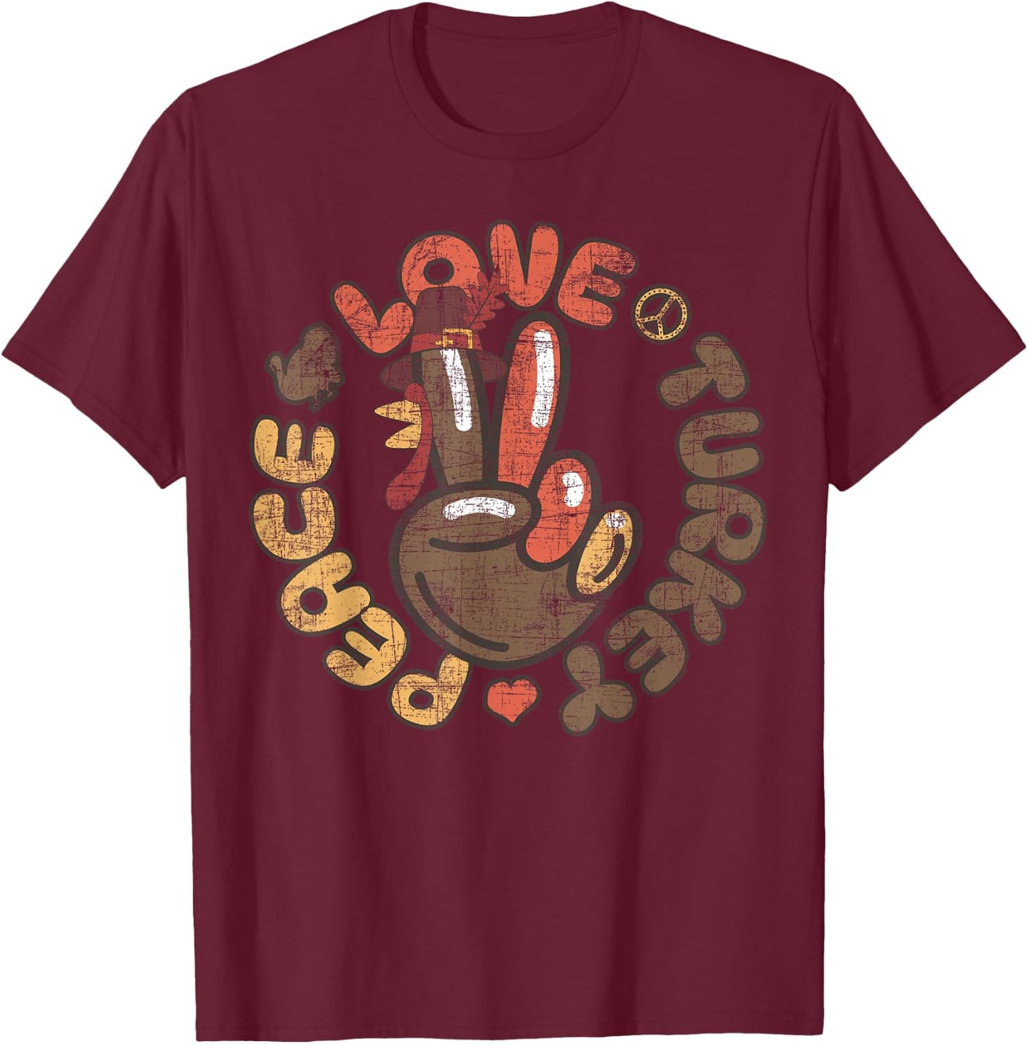 Peace Sign Turkey Hand Cool Thanksgiving Peace Love Turkey T-Shirt - T-Shirt | Maroon