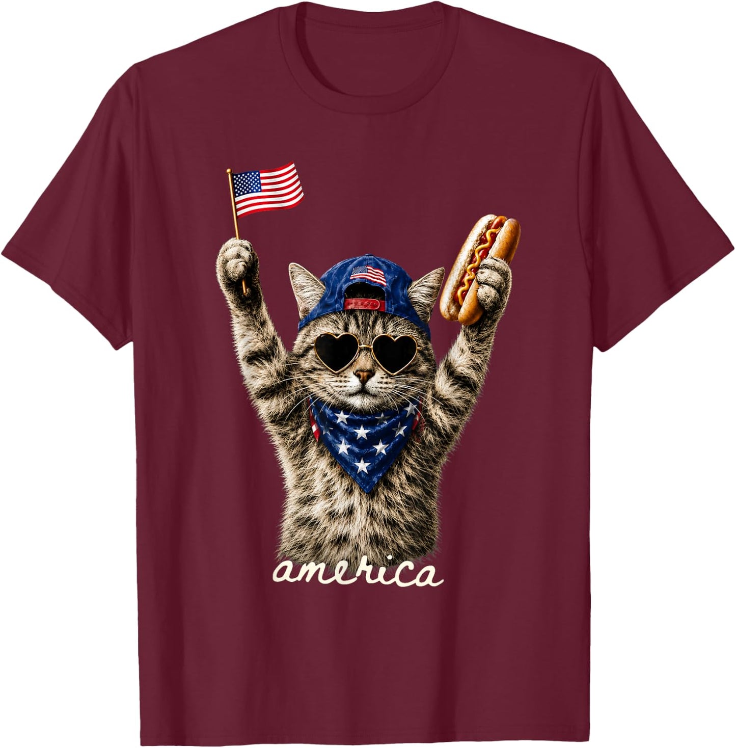 Patriotic Cat American Flag Hot Dog 4th of July T-Shirt - T-Shirt | Maroon
