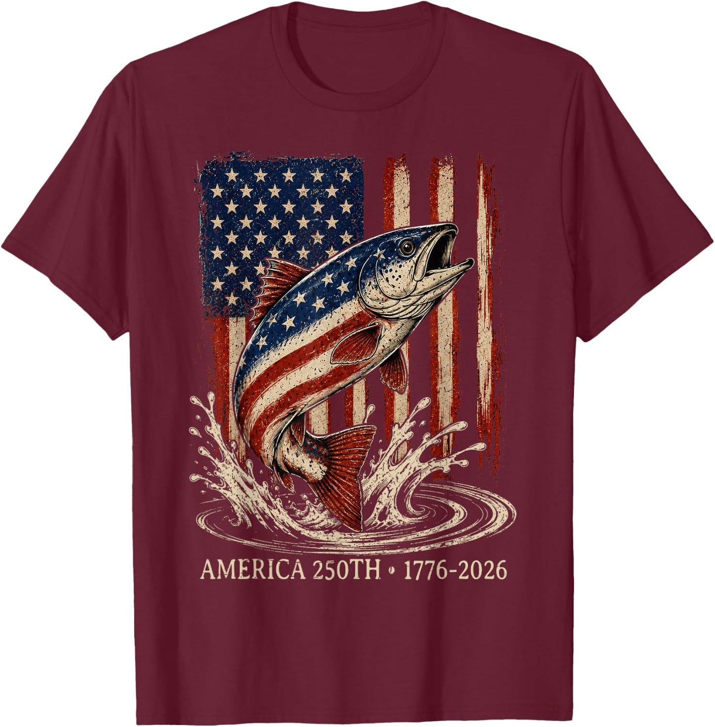 250 Years 1776 2026 Fishing American Flag 4th of July Men T-Shirt - T-Shirt | Maroon