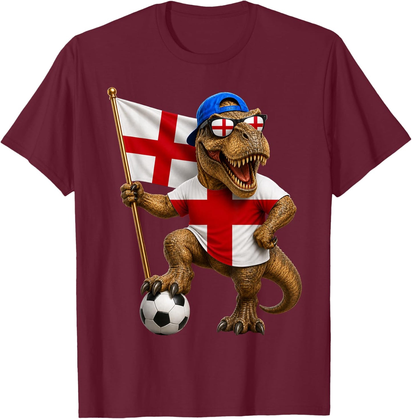 England Flag T-Rex Football Dinosaur Soccer English T-Shirt - T-Shirt | Maroon