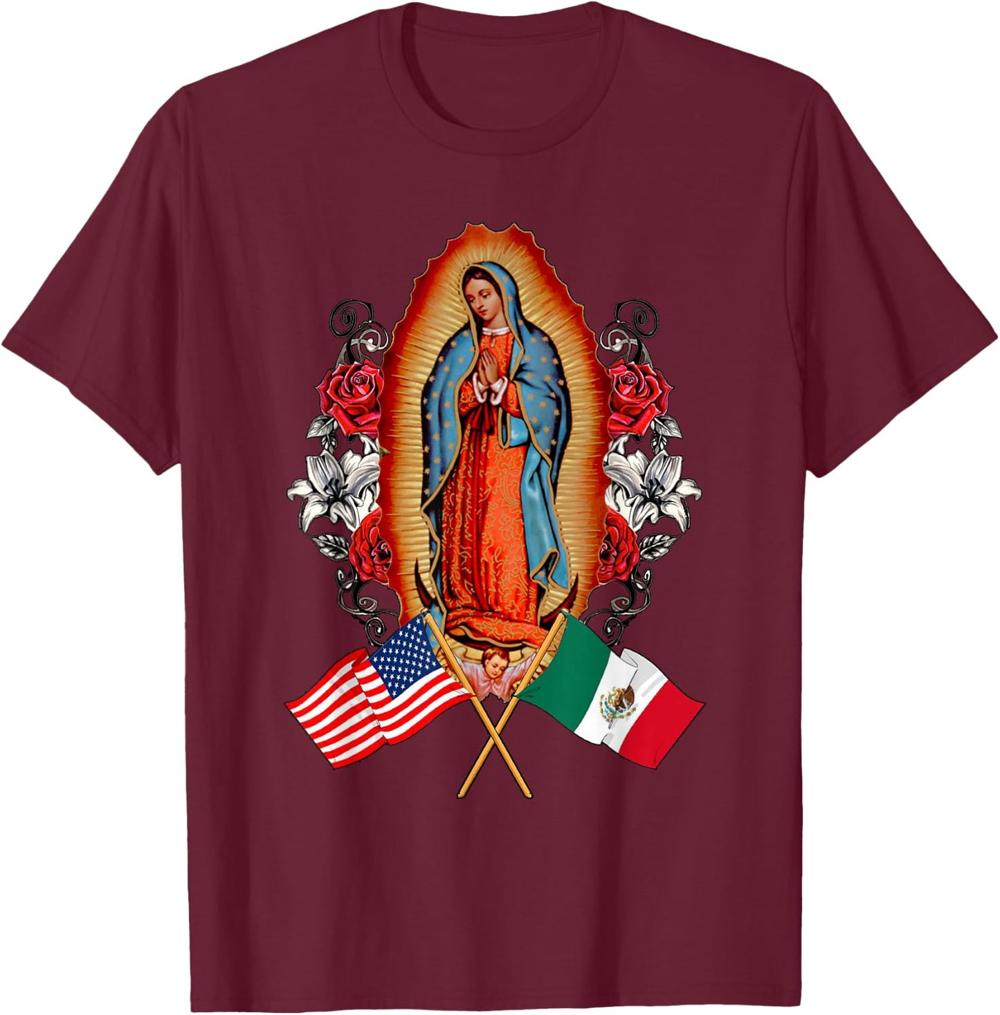 Our Lady Virgen De Guadalupe Mexican American Flag T-Shirt - T-Shirt | Maroon