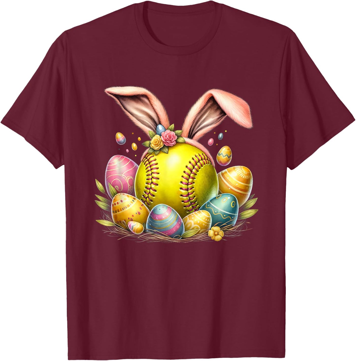Softball Egg Bunny Ears Easter Day T-Shirt - T-Shirt | Maroon