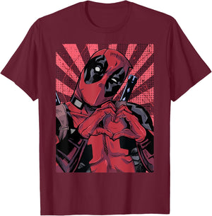Marvel Deadpool Heart Hands , Black, S T-Shirt - T-Shirt | Maroon