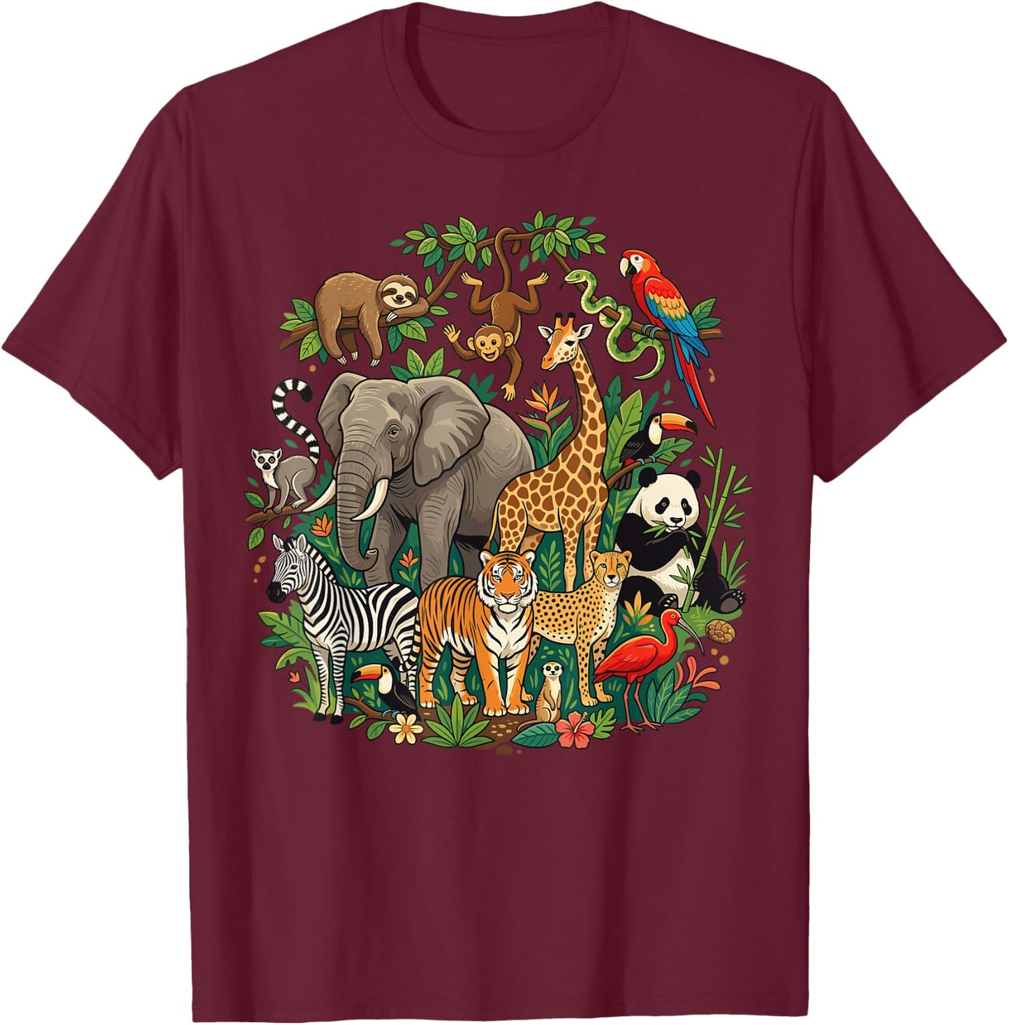 Jungle Safari Animals Cartoon Illustration T-Shirt - T-Shirt | Maroon