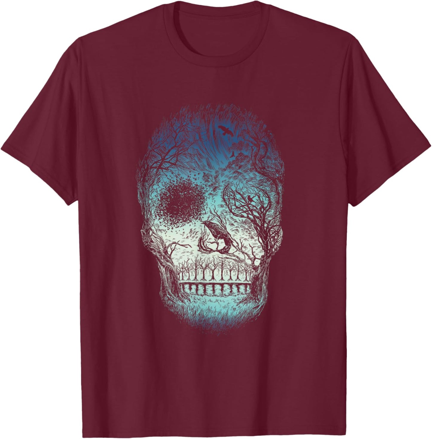 Unique Hand Drawn Abstract Skull (Blue) T-Shirt - T-Shirt | Maroon