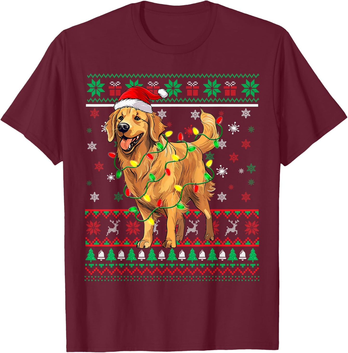 Golden Retriever Christmas Santa Hat Tree Lights Pajama T-Shirt - T-Shirt | Maroon