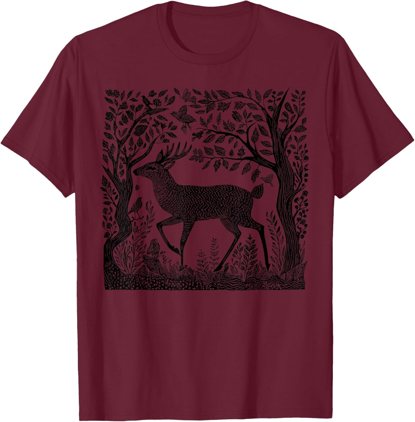 Deer Buck Wildlife Nature Lover Woodcut Forest Wilderness T-Shirt - T-Shirt | Maroon
