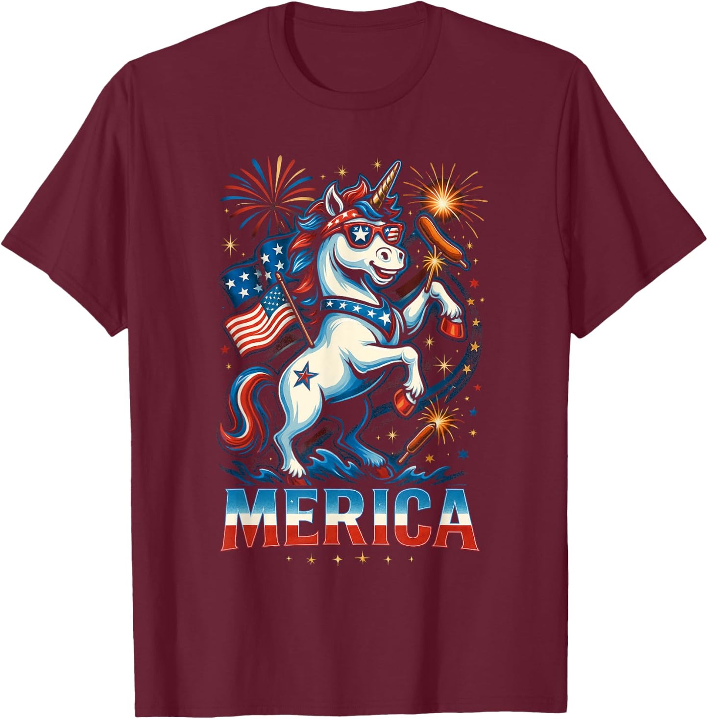 Funny Patriotic Unicorn 'Merica USA July 4th American Pride T-Shirt - T-Shirt | Maroon