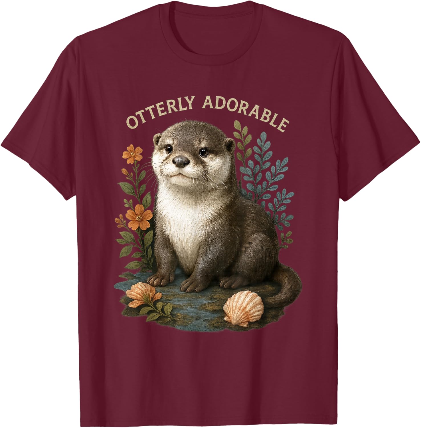 Otterly Adorable Cute Otter with Flowers and Seashells T-Shirt - T-Shirt | Maroon