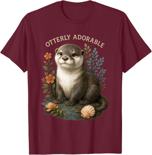 Otterly Adorable Cute Otter with Flowers and Seashells T-Shirt - T-Shirt | Maroon