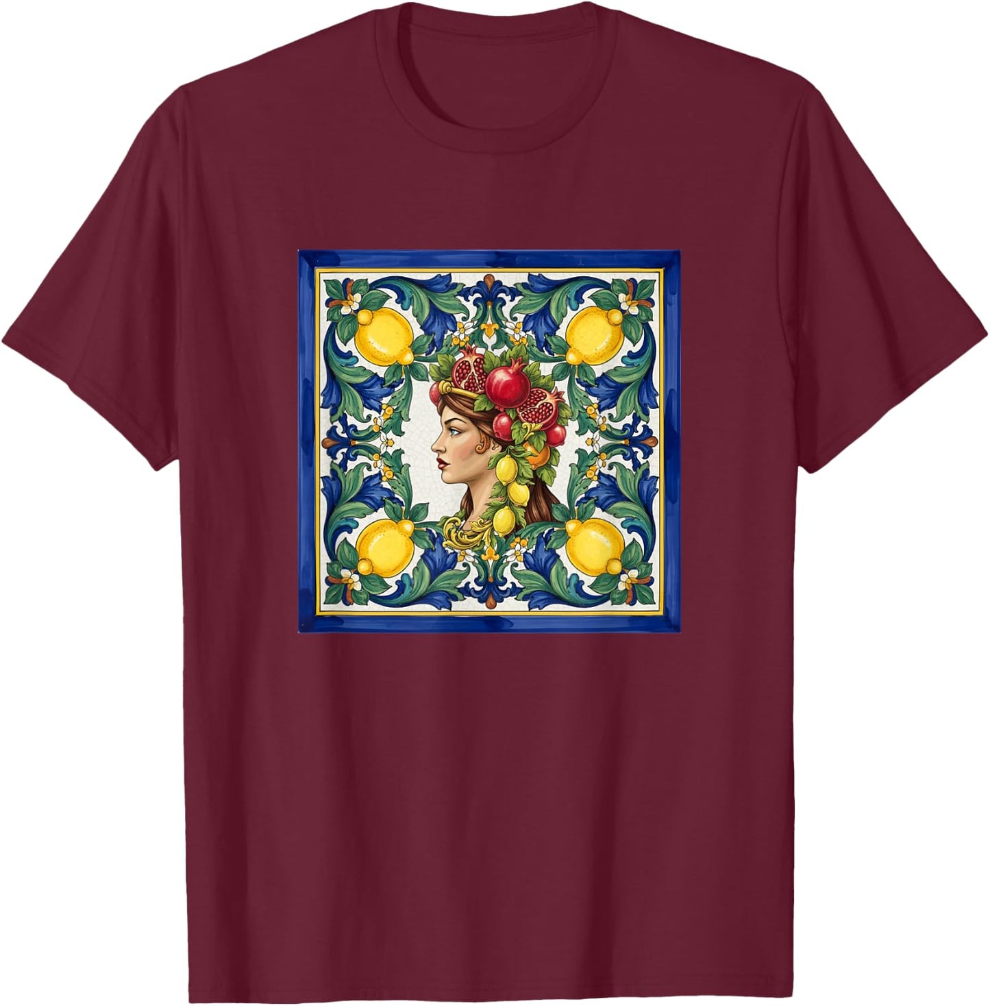 Sicilian Moors Head Caltagirone Inspired Lemon Art T-Shirt - T-Shirt | Maroon