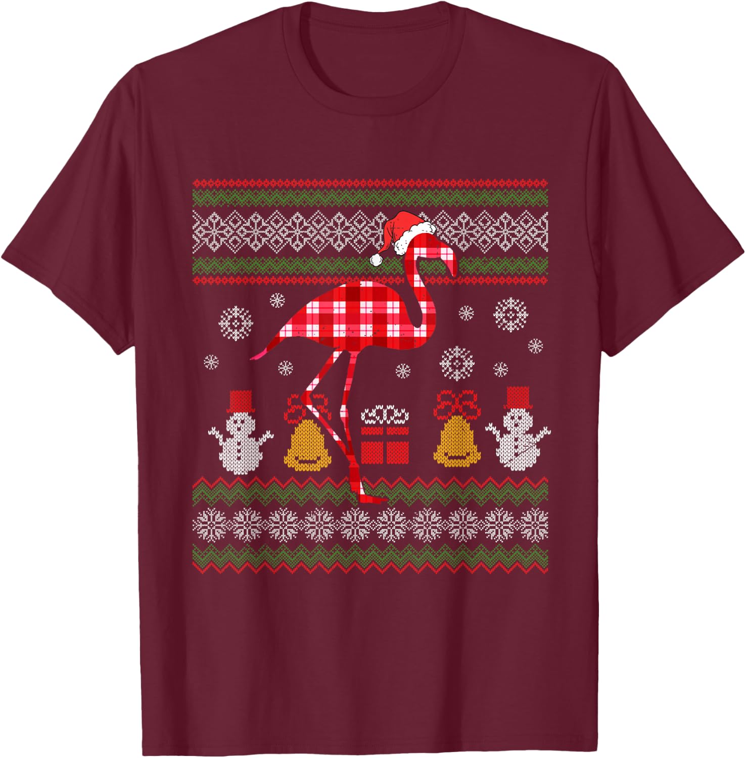 Flamingo Plaid Hat Santa Ugly Sweater Christmas Xmas Animal T-Shirt - T-Shirt | Maroon