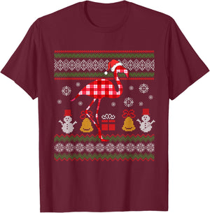 Flamingo Plaid Hat Santa Ugly Sweater Christmas Xmas Animal T-Shirt - T-Shirt | Maroon