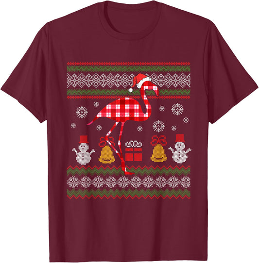 Flamingo Plaid Hat Santa Ugly Sweater Christmas Xmas Animal T-Shirt - T-Shirt | Maroon