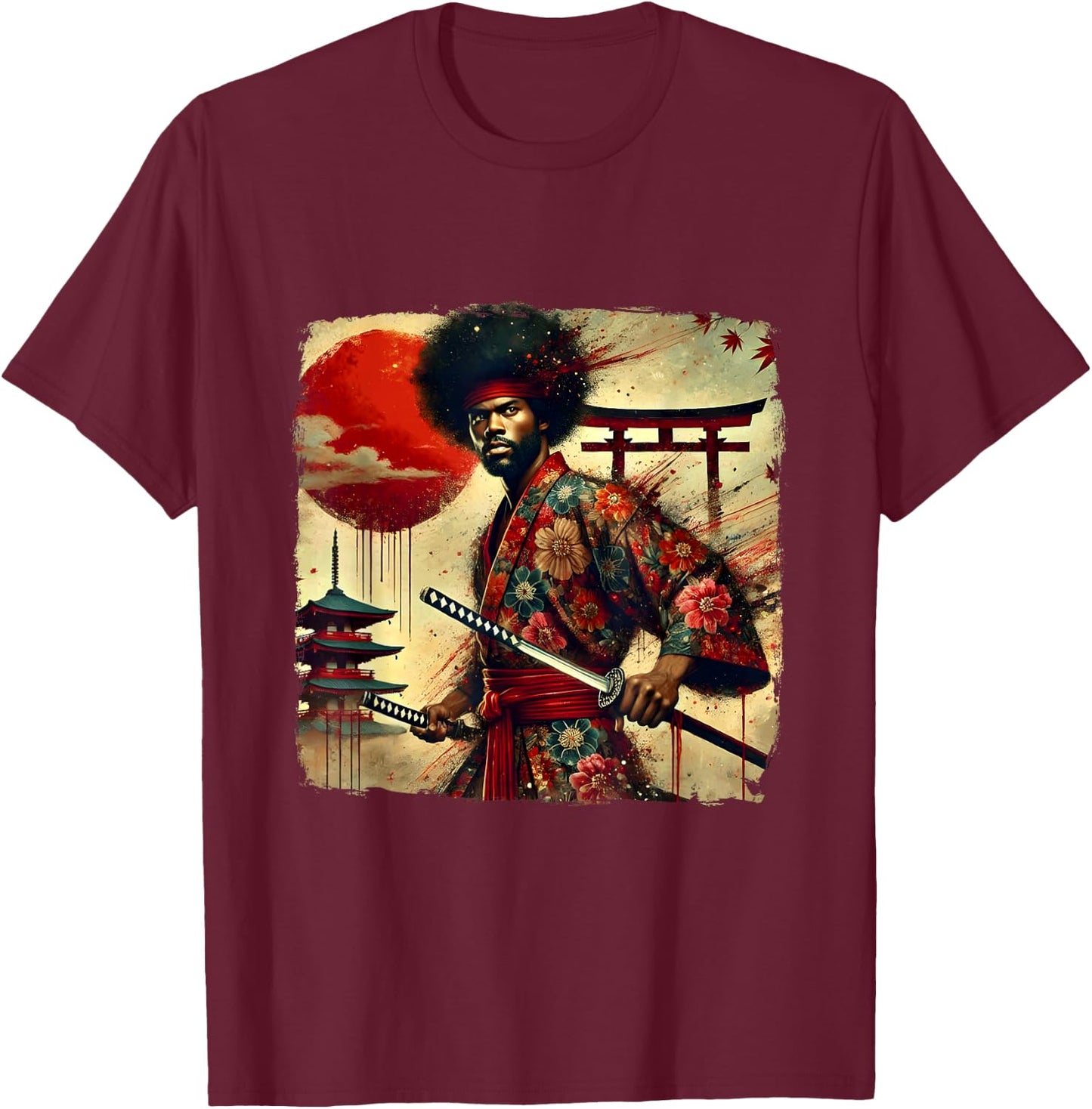 Vintage African Bushido Warrior Katana Afro American Samurai T-Shirt - T-Shirt | Maroon