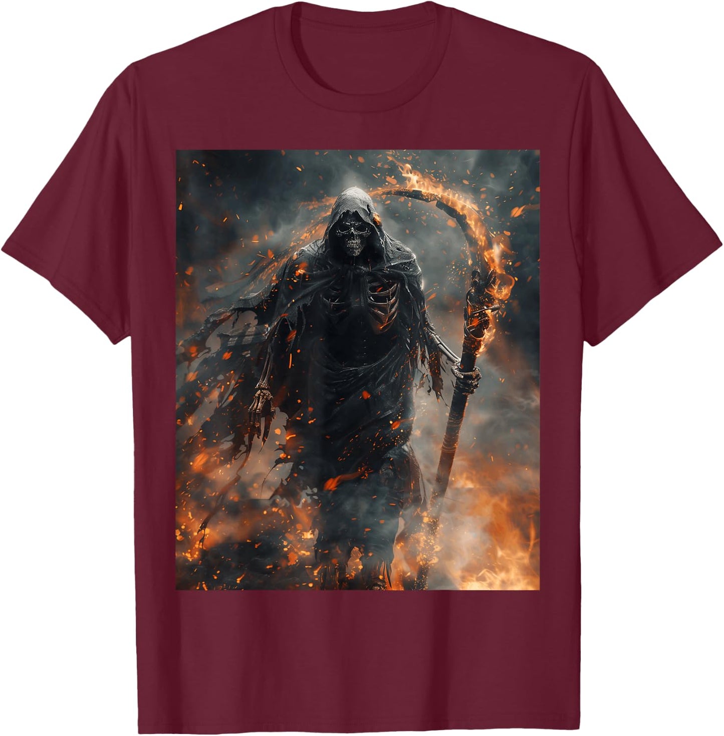 Mythical Grim Reaper with Burning Sickle T-Shirt - T-Shirt | Maroon