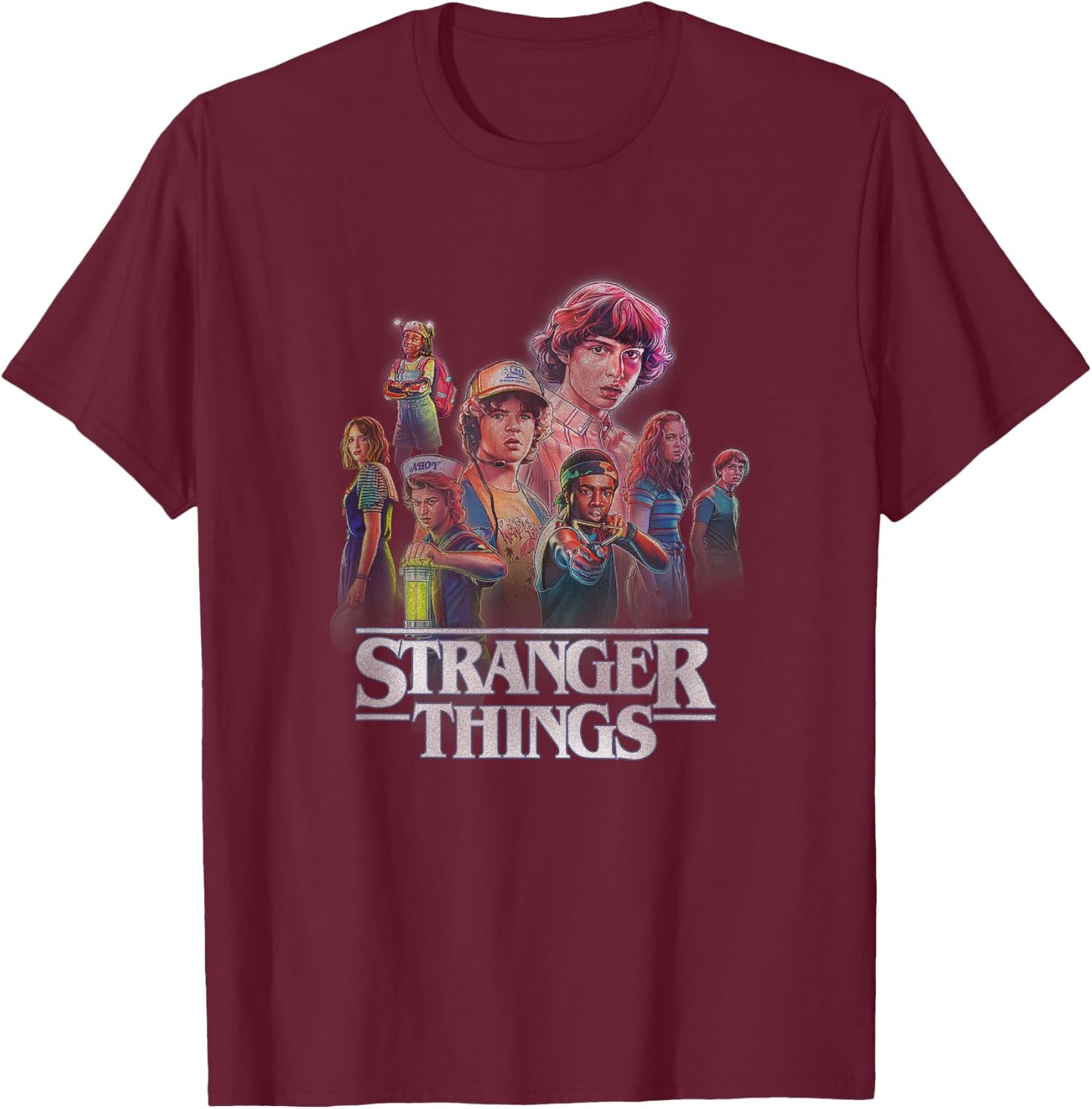 Stranger Things Retro Vintage Hawkins Glow Up Group Shot T-Shirt - T-Shirt | Maroon