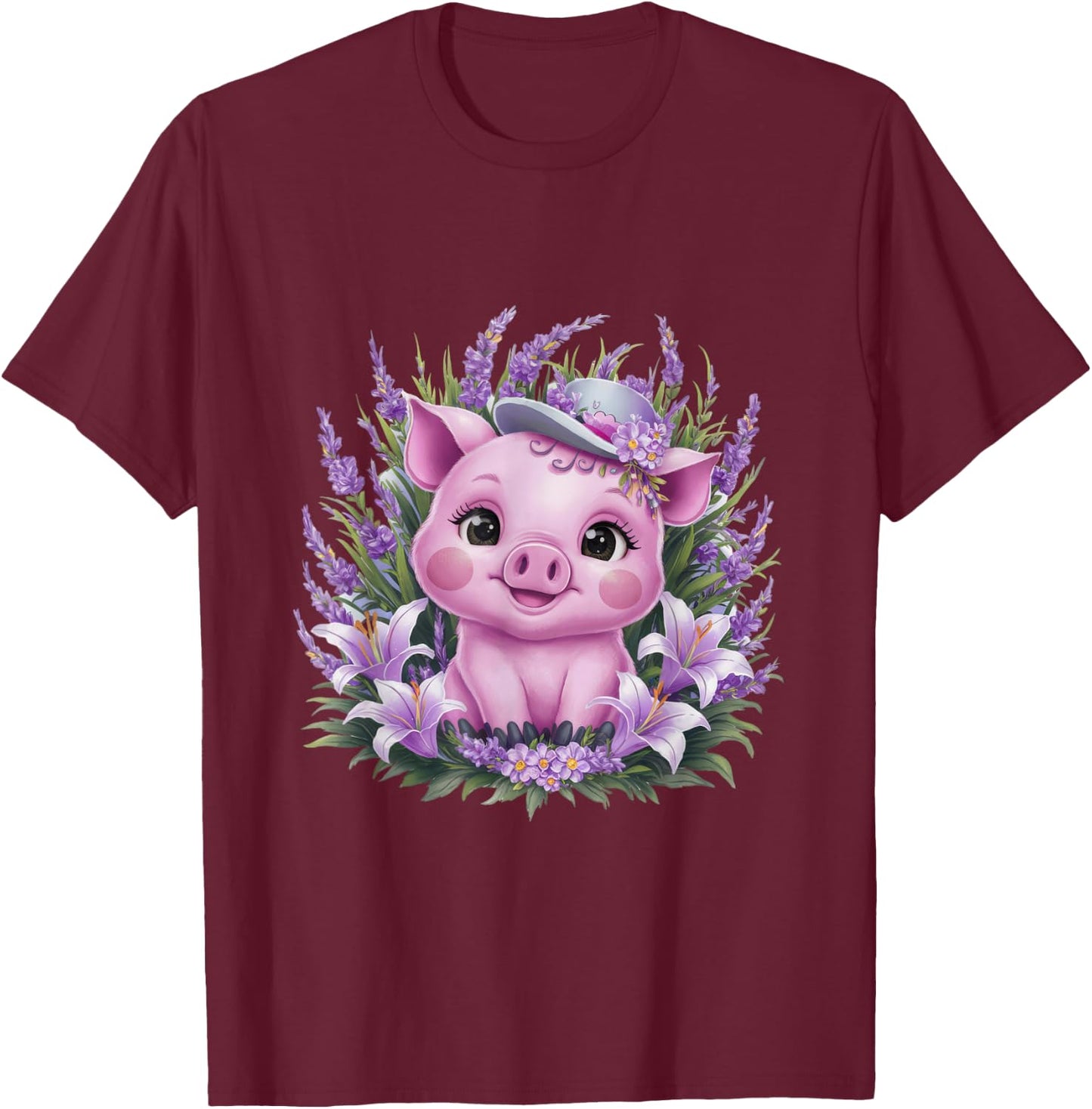 Pig in kawaii cartoon style with lavender and lilies T-Shirt - T-Shirt | Maroon