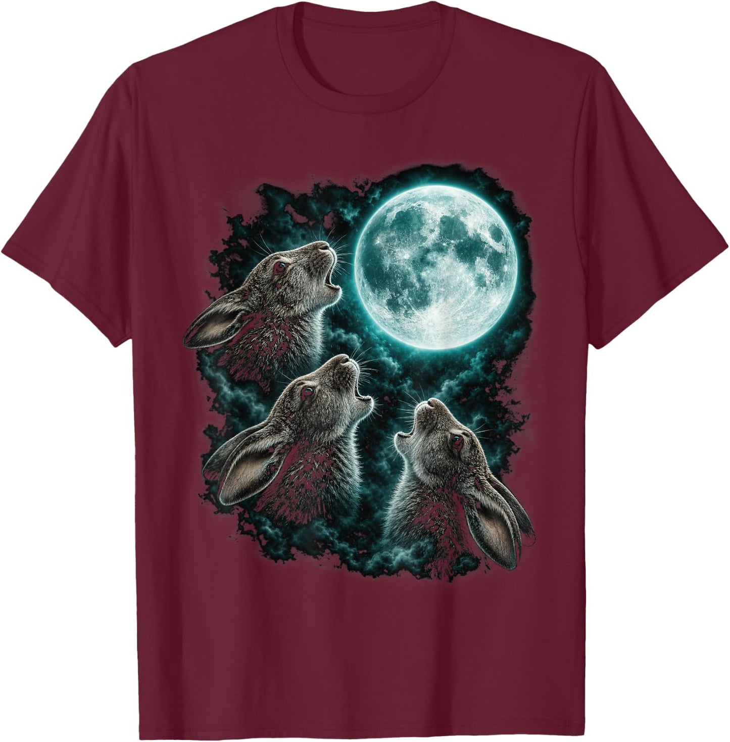 Three Howling Rabbits Under Full Moon Fantasy T-Shirt - T-Shirt | Maroon