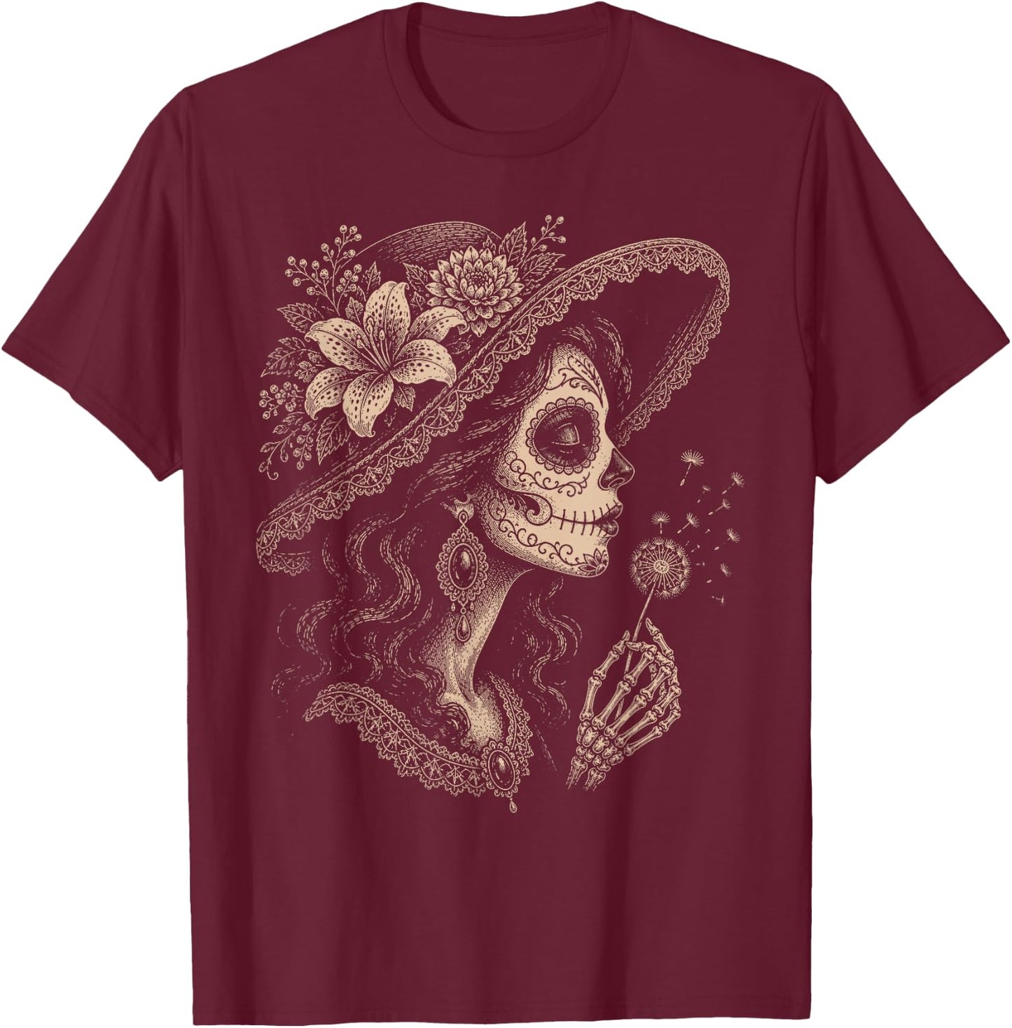 La Catrina Blowing Wishes Dandelion T-Shirt - T-Shirt | Maroon